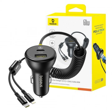 Baseus Circular Plastic Car Charger (U+C) + (C&L) Cable 60W