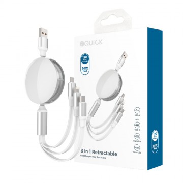 iQuick 3 in 1 Retractable Fast Charge & Data Sync Cable IQTC2301 1.2m